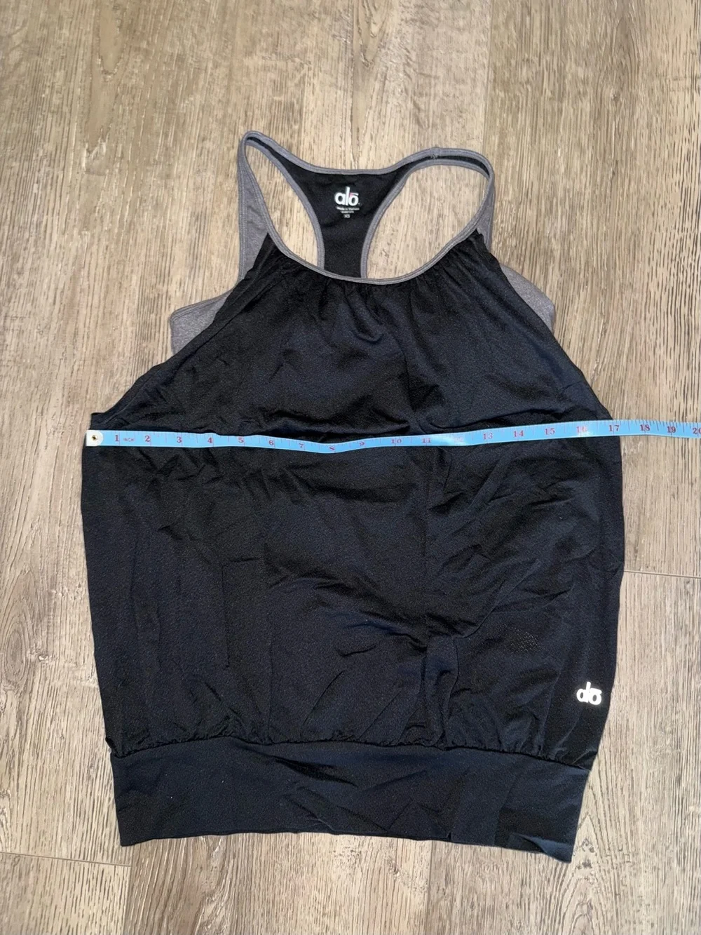 ALO Yoga layered 2-n-one Workout Black Tank with Gray Trim Racerback